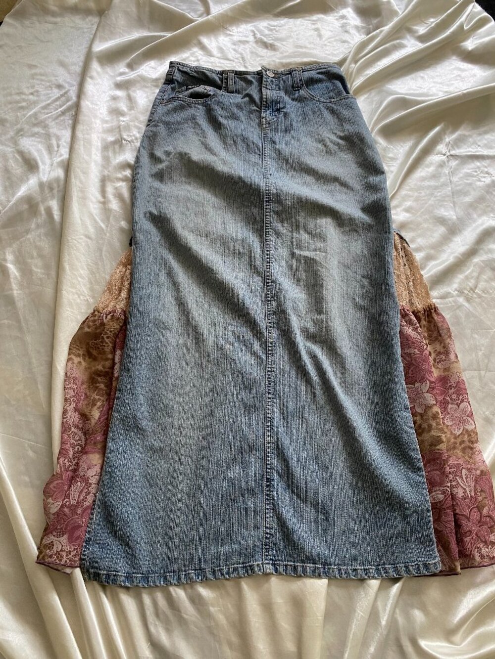 Vintage 1990s Squeeze Denim Maxi Skirt Lace Panel Grunge Boho Fairy Size 6